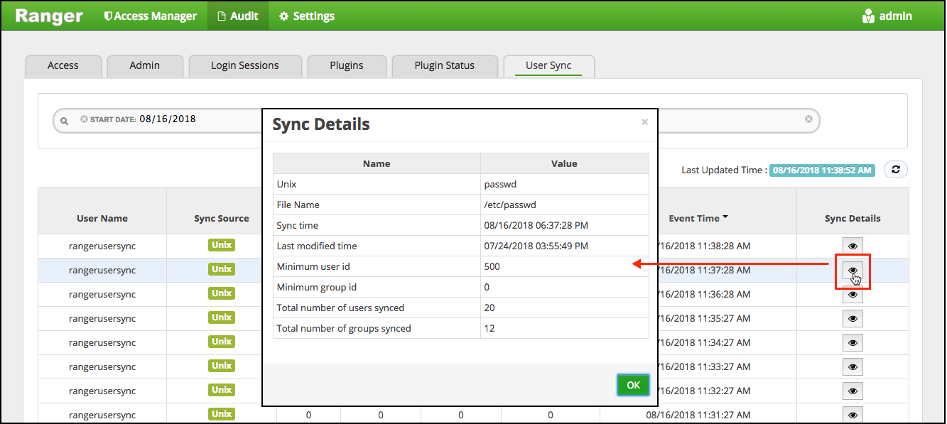 Audit>User Sync: sync details example