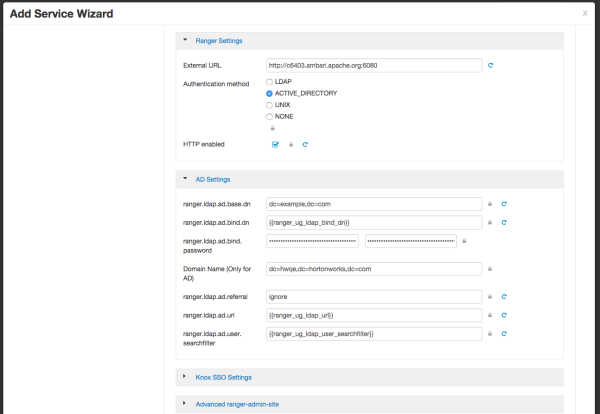 Add Service Wizard showing the Active Directory (AD) authentication settings.