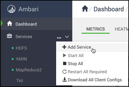 The main Ambari Dashboard page with Actions > "+ Add Service" highlighted.