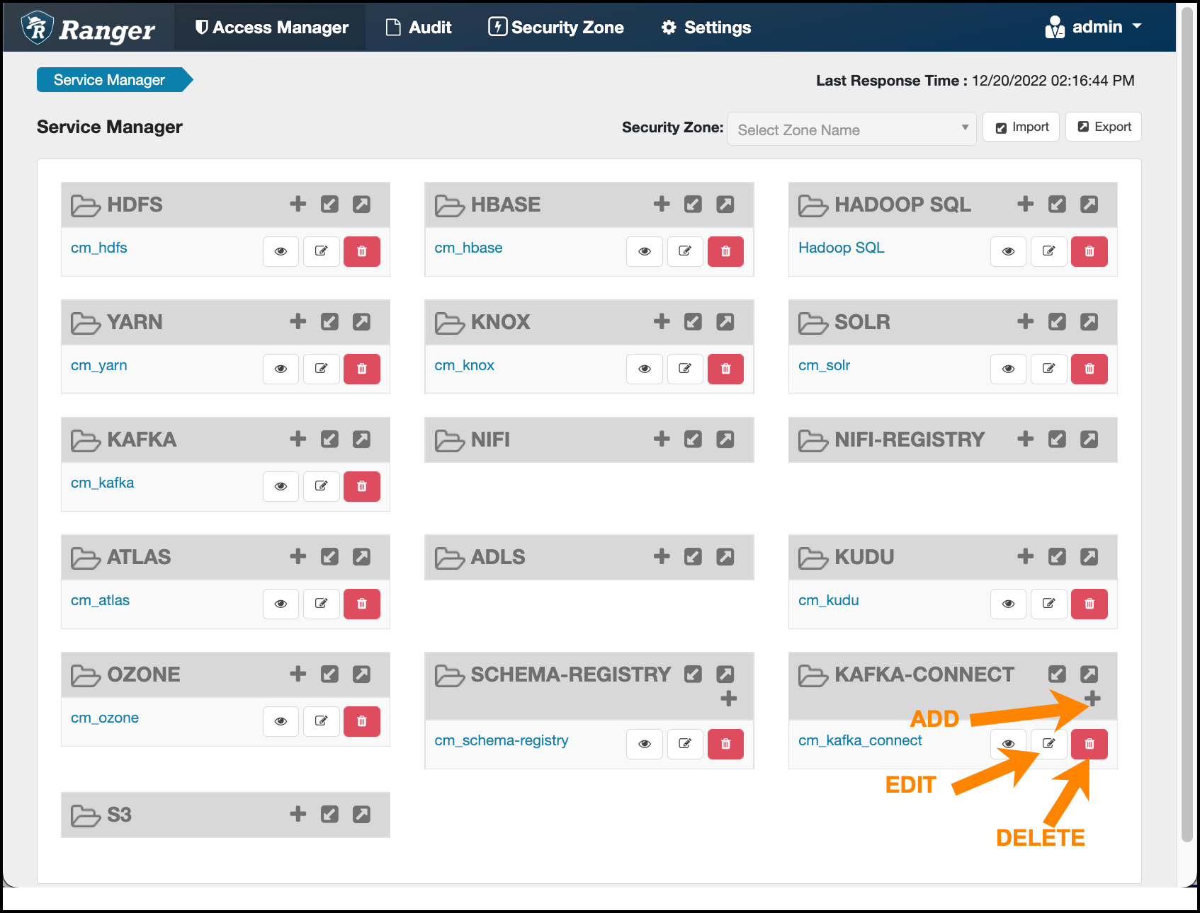 Shows Ranger > Service Manager, Add Service, Delete Service, and Edit Service icons labelled.