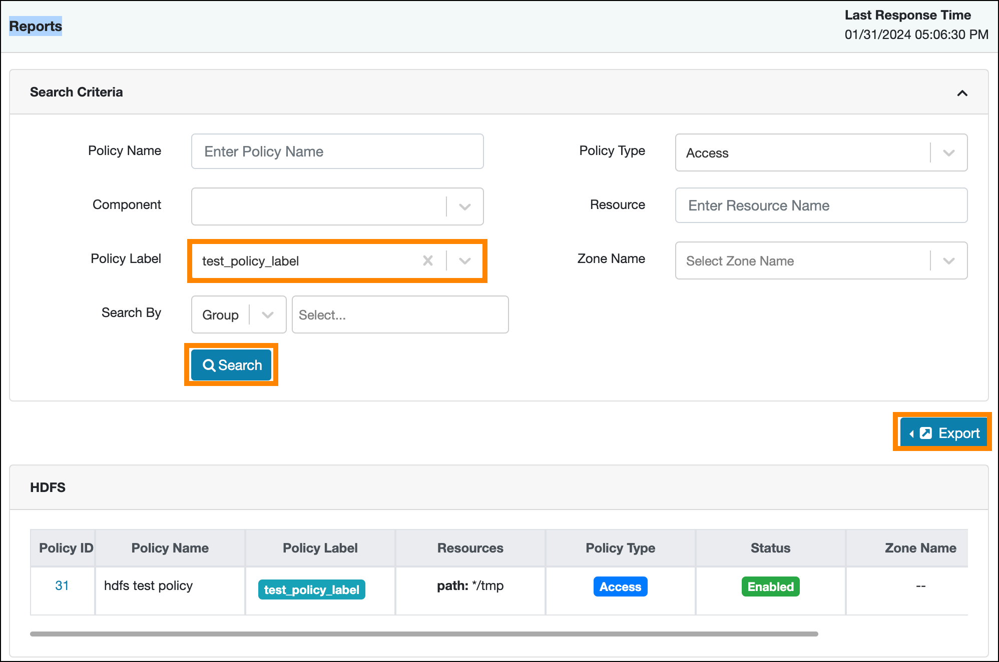 Exporting a list of HDFS policies filtered by label