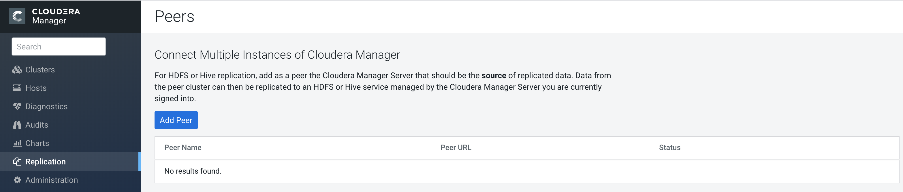 The sample image shows the Peers page where you can add a source Cloudera Manager instance as a peer. The page also lists the available peers which were added previously.