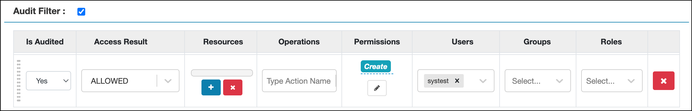 Adding an audit filter that stores user systest access=Allowed logs for Hive service