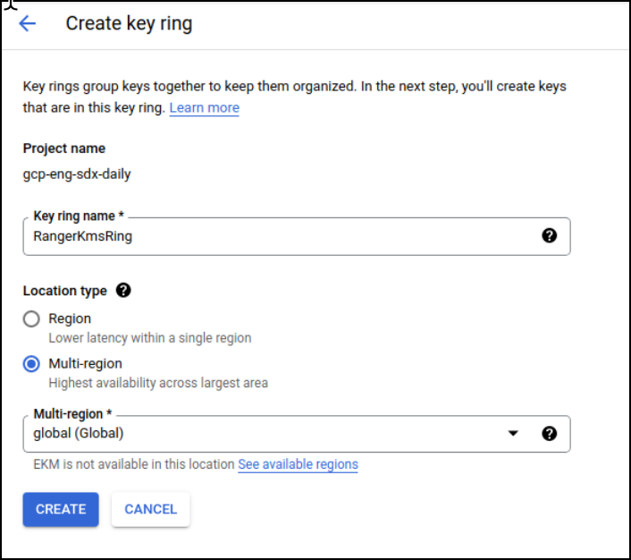 Creating a key ring in Google Cloud Platform
