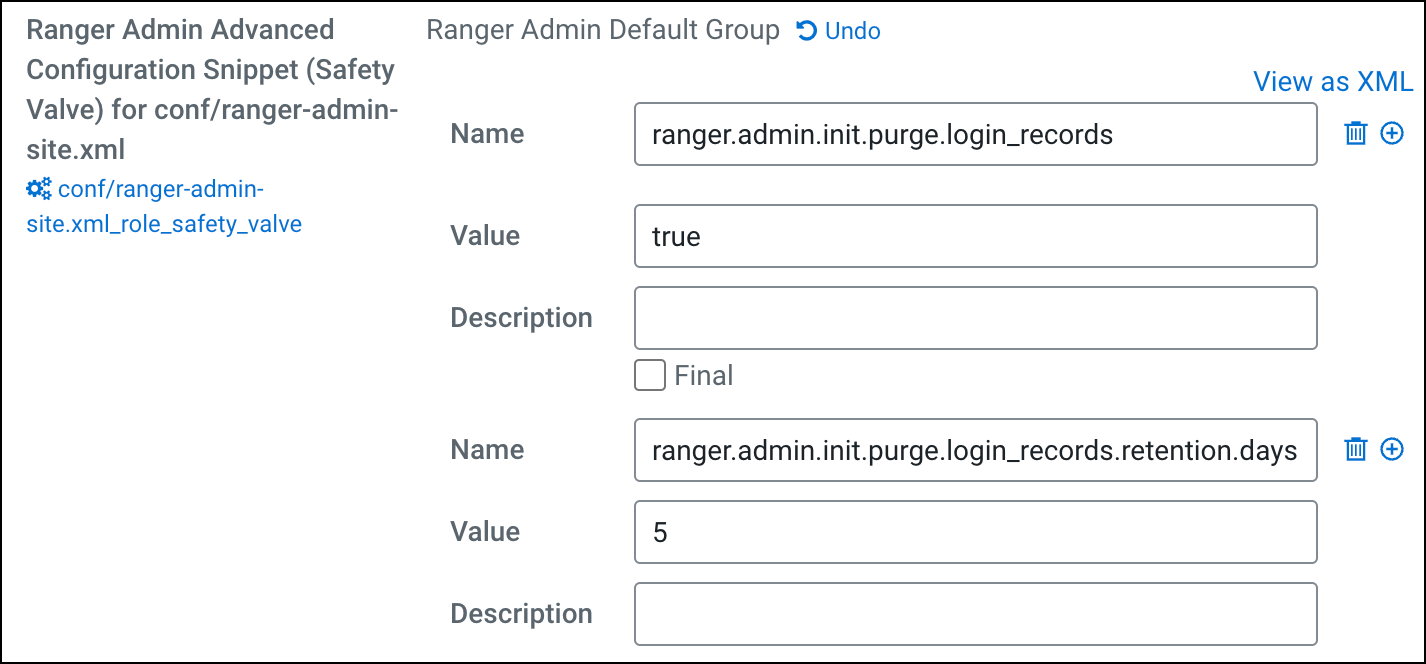 Adding properties to Ranger Admin Advanced Configuration Snippet (Safety Valve) for conf/ranger-admin-site.xml