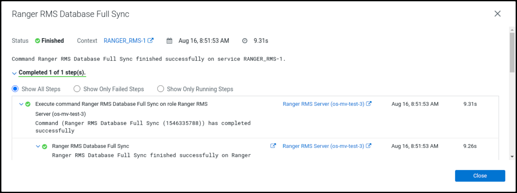 Confirming successful Ranger RMS database full sync
