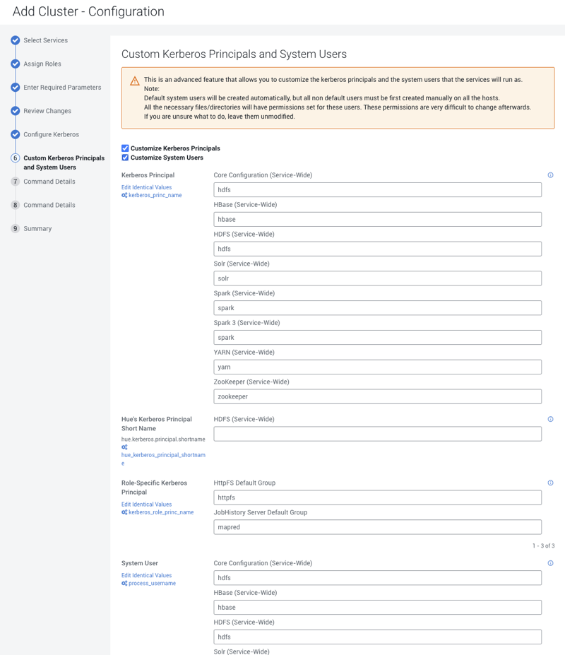 Setting up custom kerberos principals and system users for a new cluster.