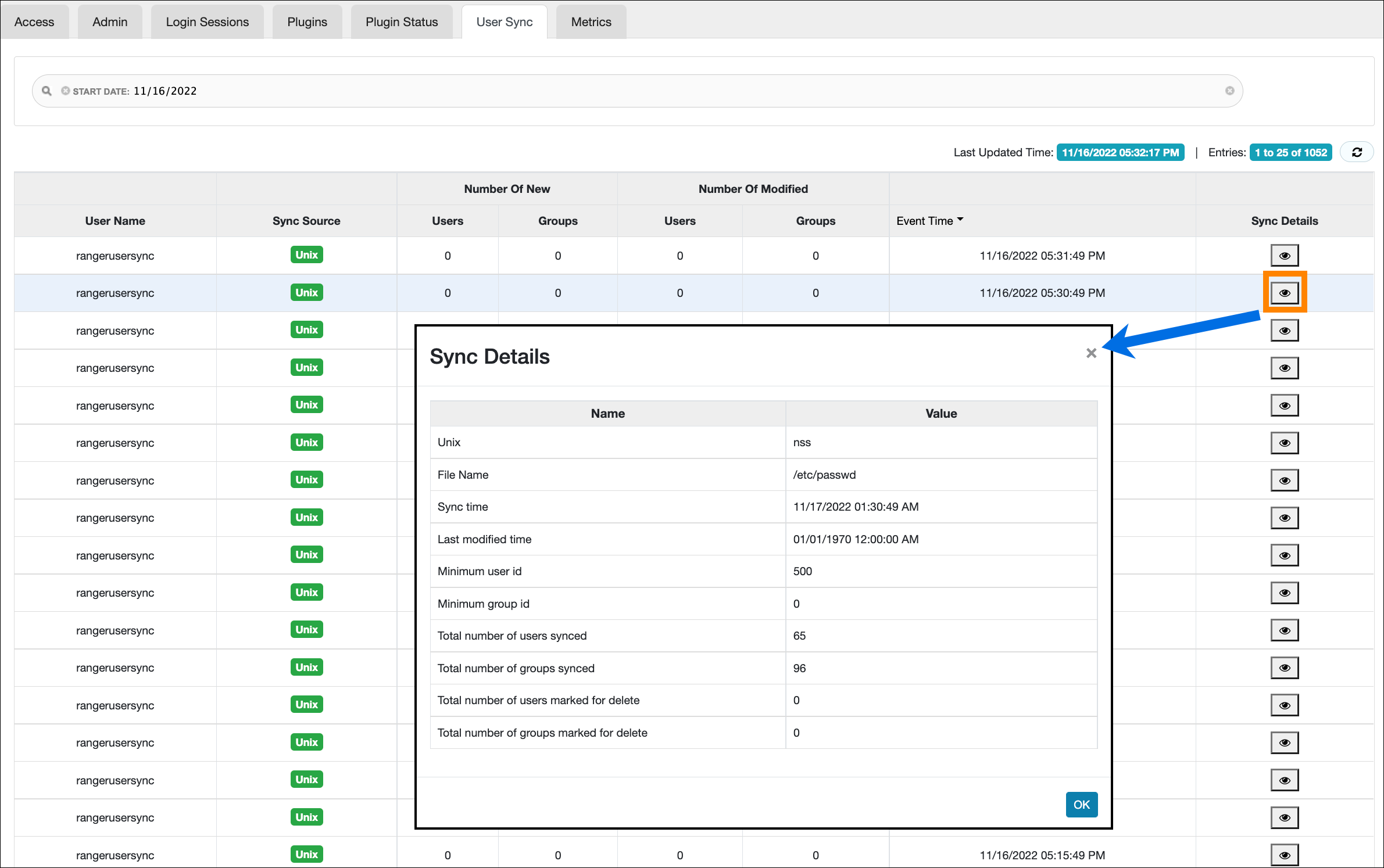 Audit >User Sync: sync details example