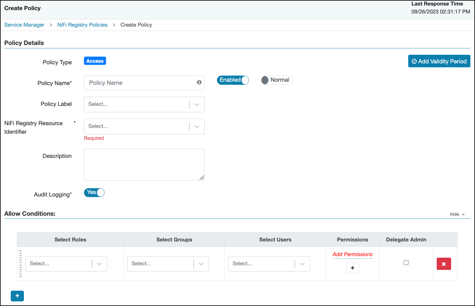 Ranger > Create NiFi Registry Policy page.