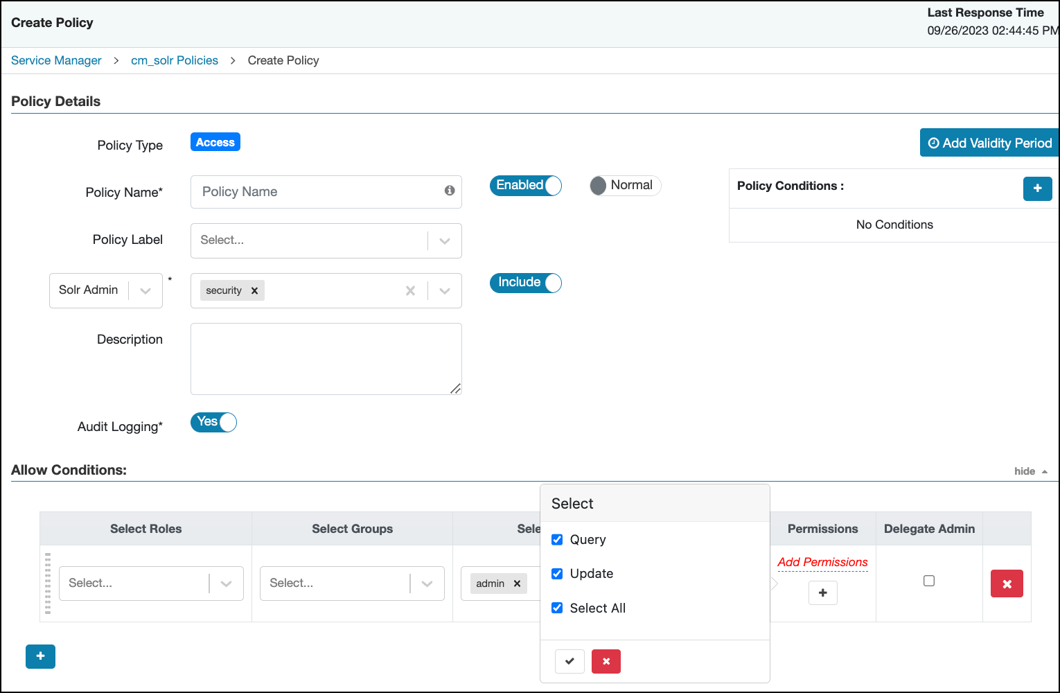 Ranger > Create Solr Policy page.