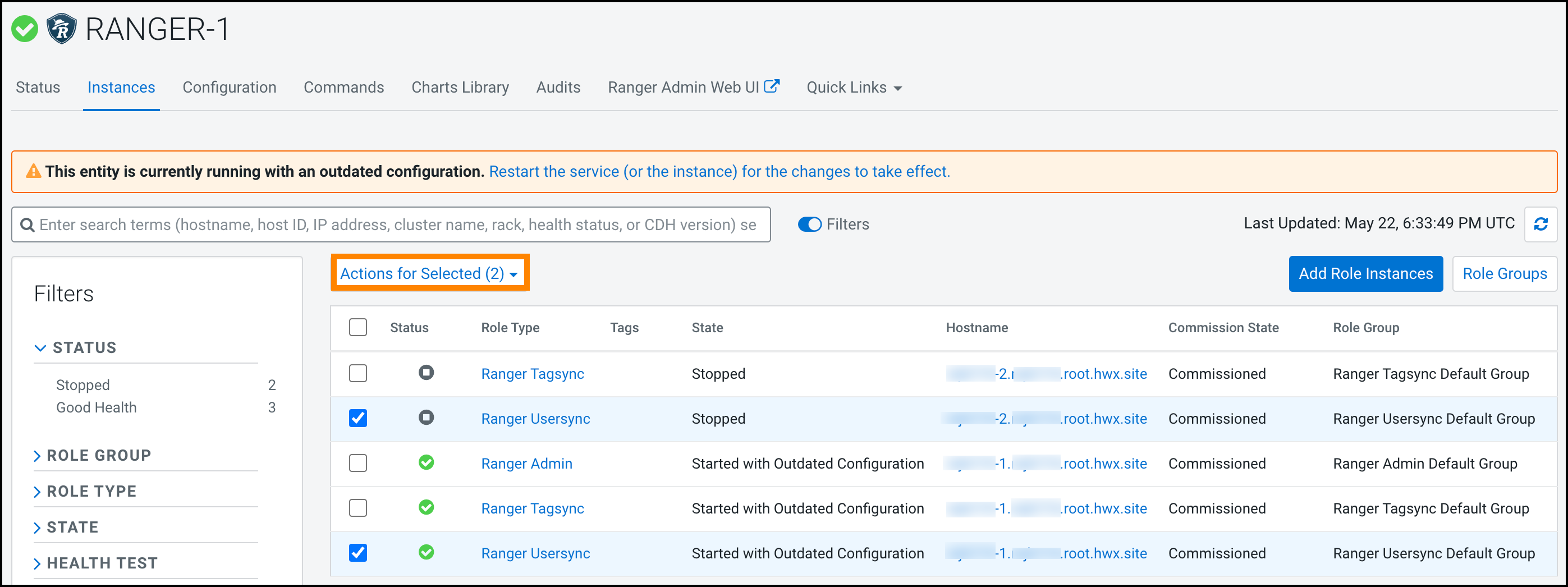 Selecting a newly commissed Usersync role along with an existting one