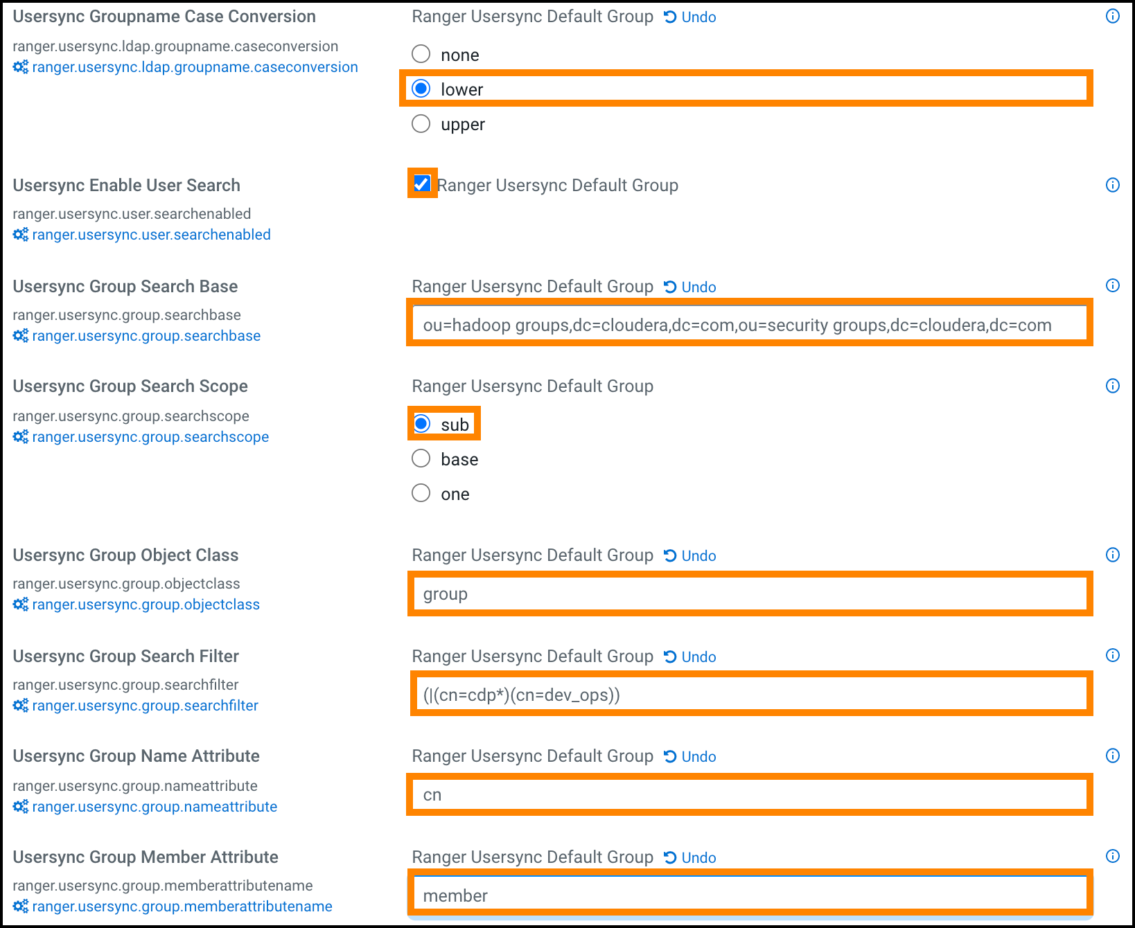 Ranger Usersync group configuration settings