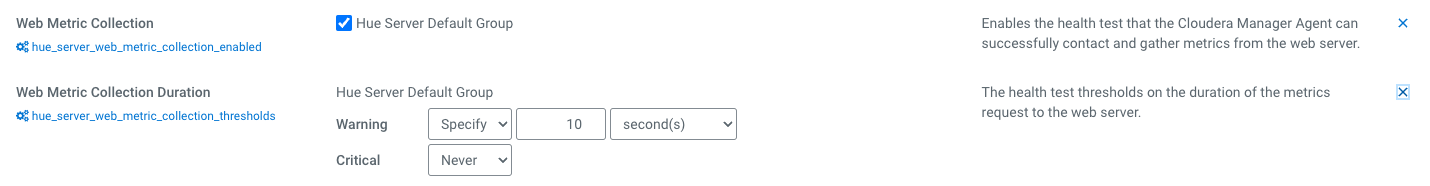 Image showing the web metric collection and web metric collection duration options under Hue configurations in Cloudera Manager.