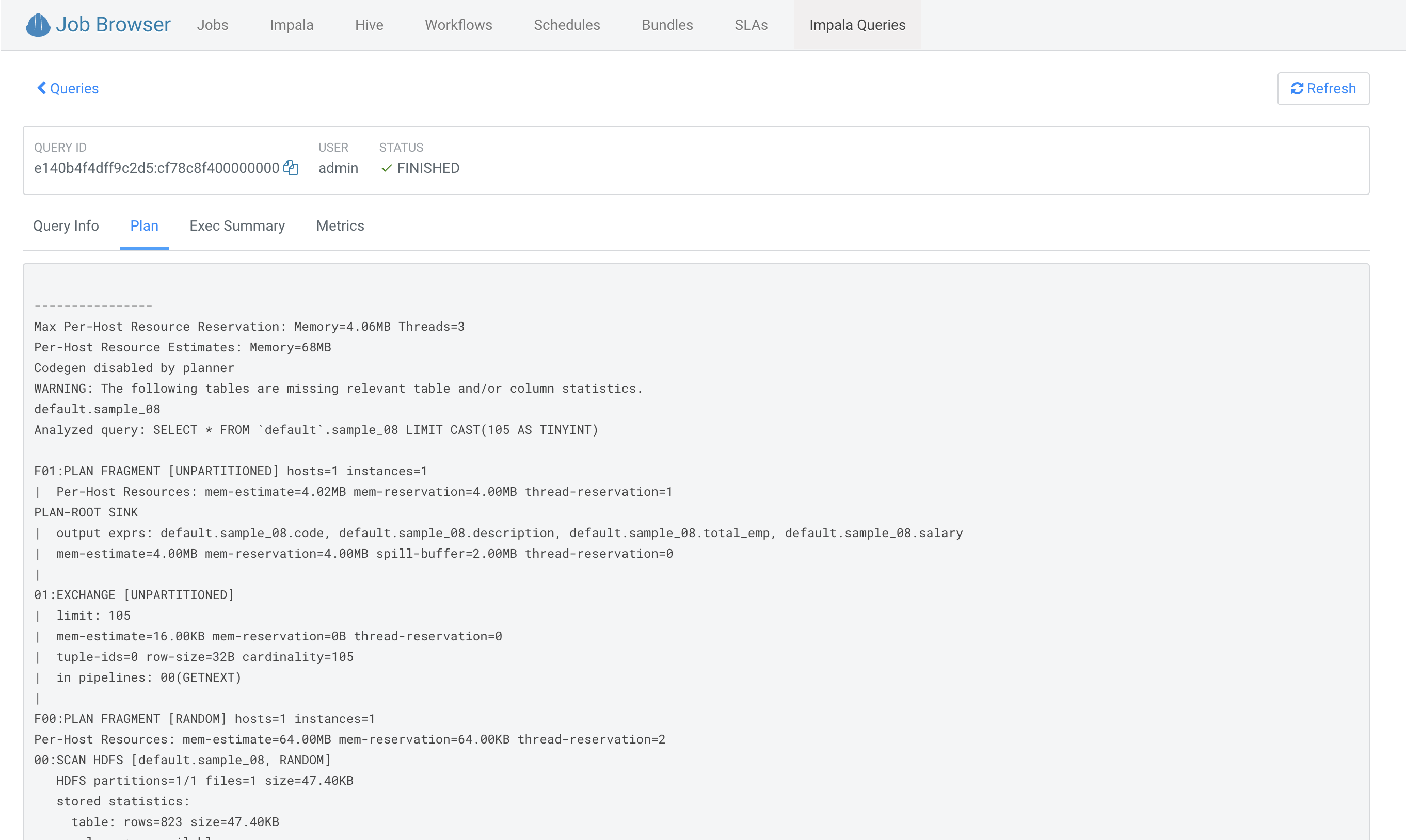 Plan tab showing information such as memory, CPU threads, operators, tables involved, and other details included in the query execution plan.