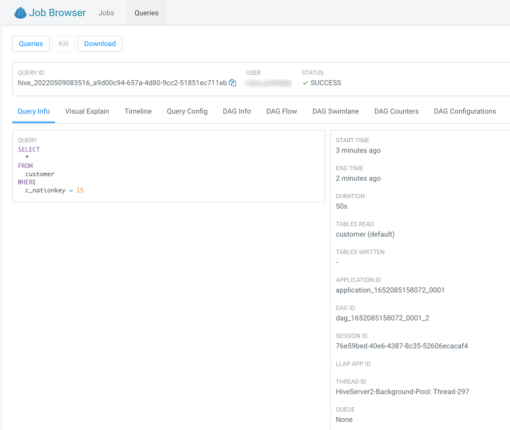 Query Info tab showing information such as, the Hive query ID, the user who executed the query, the start time, the end time, the total time taken to execute the query, the tables that were read and written, application ID, Directed Acyclic Graph (DAG) IDs, session ID, LLAP app ID, thread ID, and the queue against which the query was run.