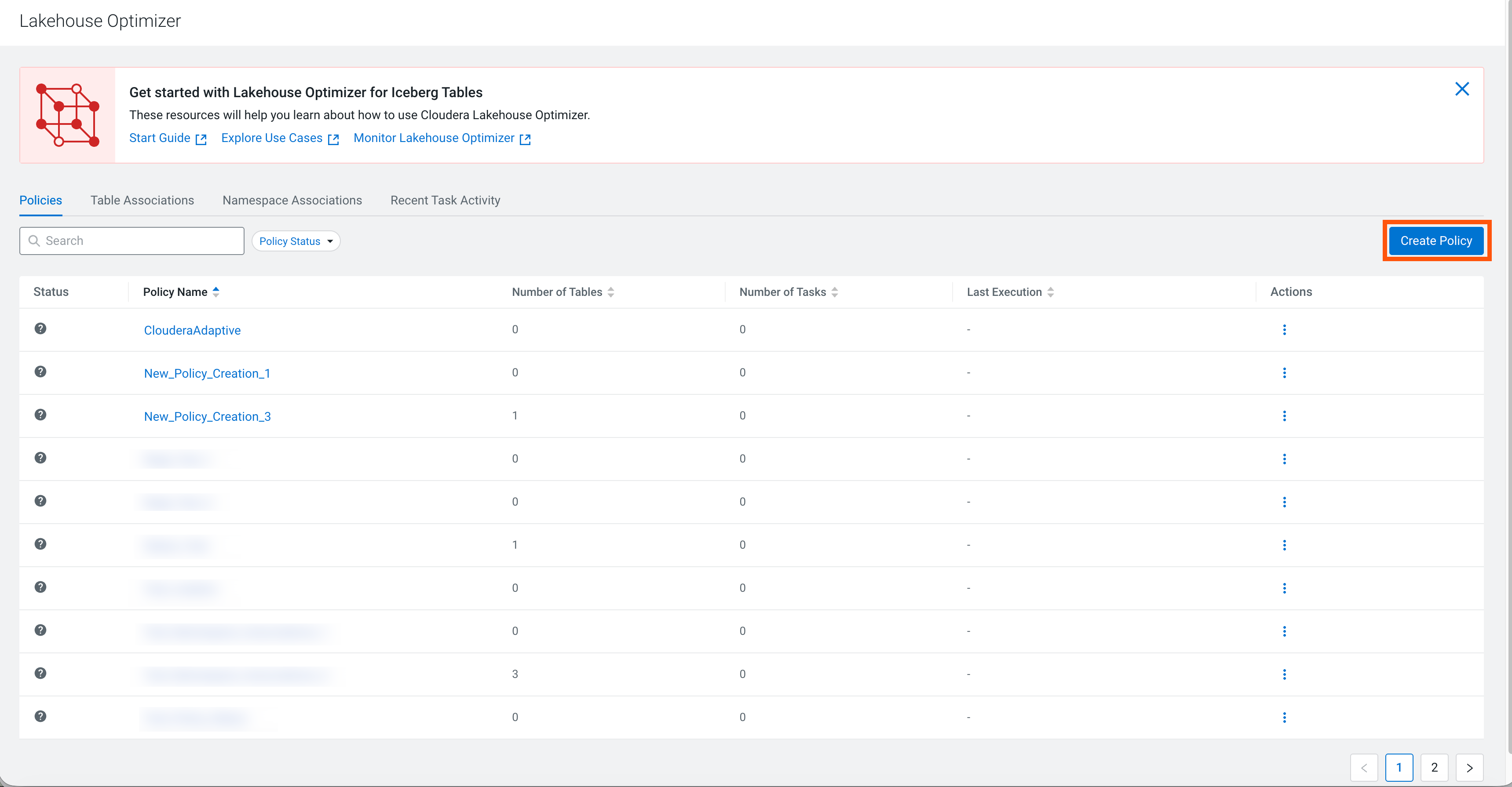 The image shows the Create Policy option on the Lakehouse Optimizer page.