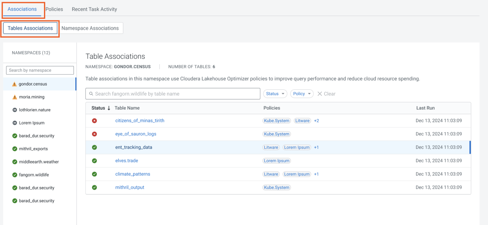 The image shows the Association tab and the Tables Associations sub tab.