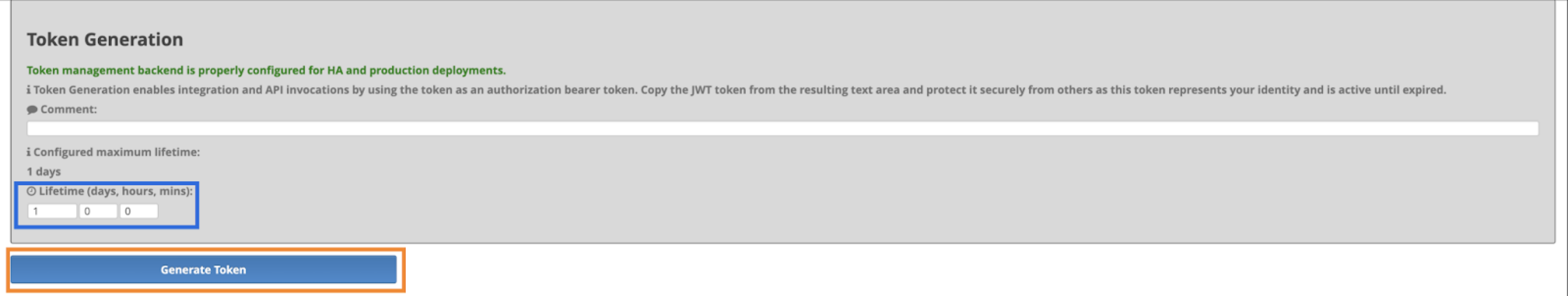 The image shows the Generate Token option.