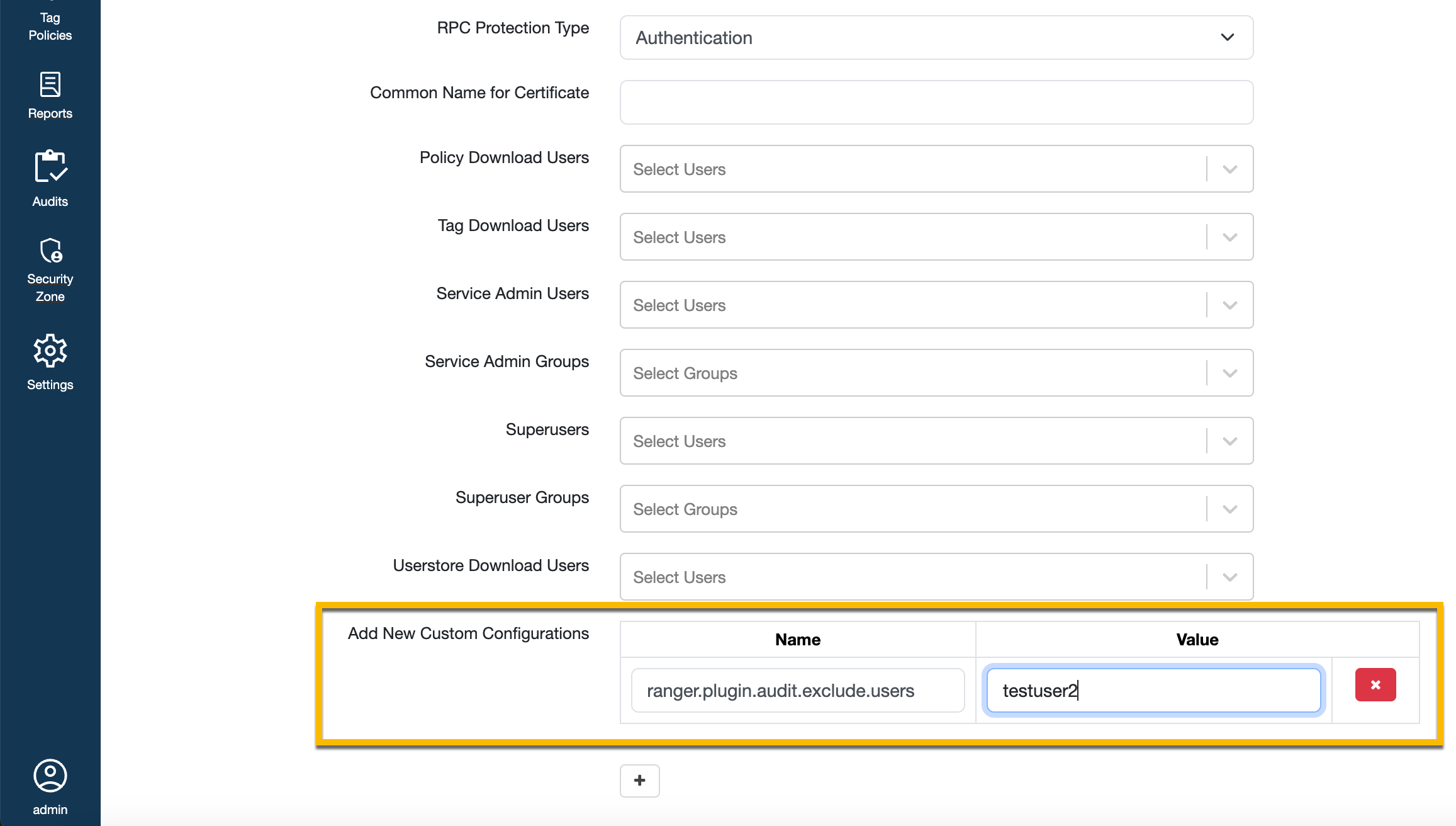 Adding an exclude users property to the HadoopSQL service