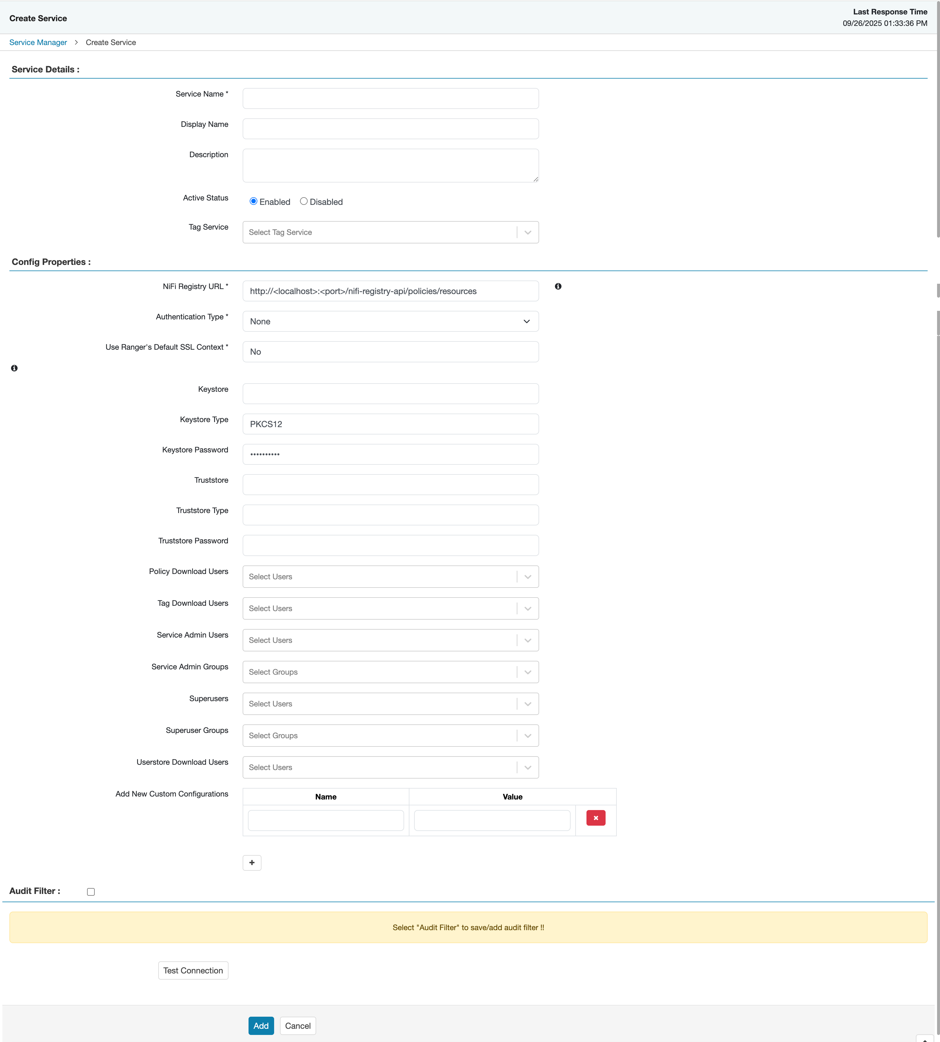 Ranger > Create Service page.