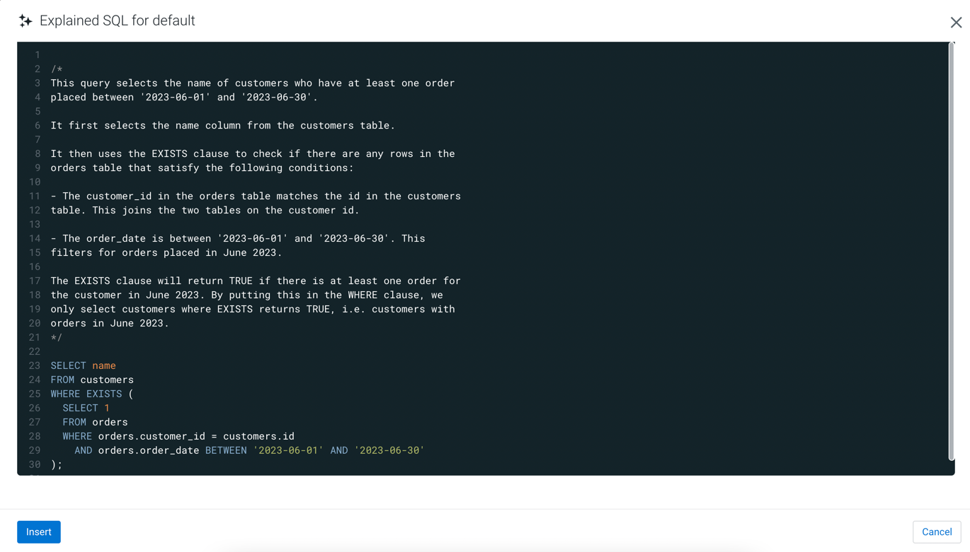 Screenshot showing the comment generated for a SQL query by the SQL AI Assistant in Data Explorer.