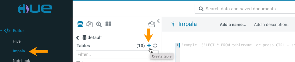 Screenshot showing create table option on the left-assist panel in Hue