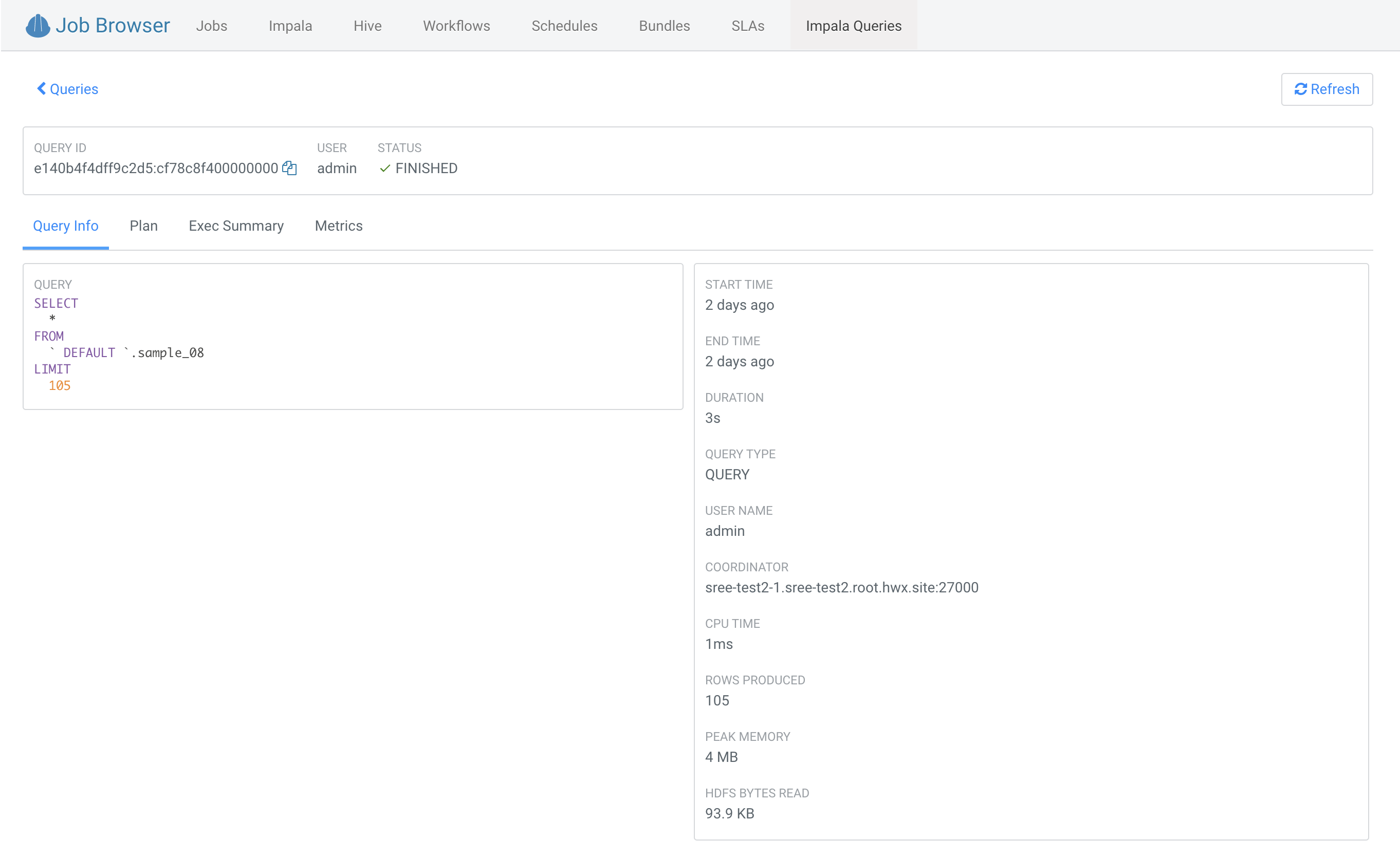 Query Info tab showing information such as, Impala query ID, the user who executed the query, the start time, the end time, the total time taken to execute the query, the coordinator that received the query, CPU time, rows produced, peak memory, and HDFS bytes read.