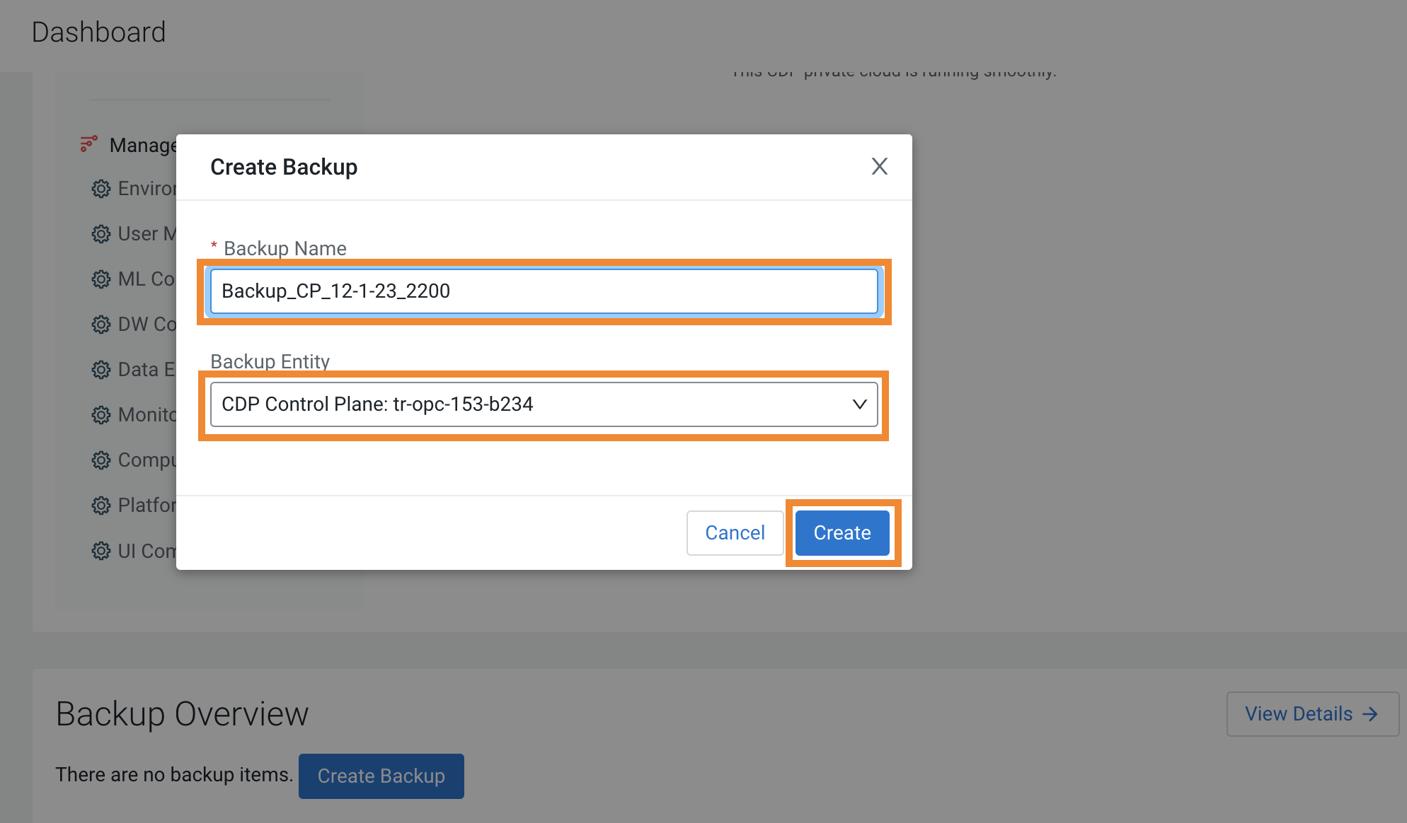 The sample image shows the Create Backup modal window where you enter a backup name, choose the backup entity, and click create to create a backup.