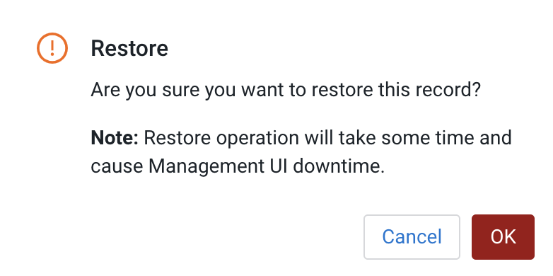 The sample image shows the modal window where you acknowledge to restore the backup.