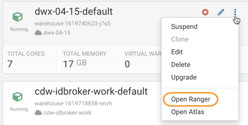 This screenshot shows how to open Ranger from the Database Catalog more... menu on the CDW web interface.