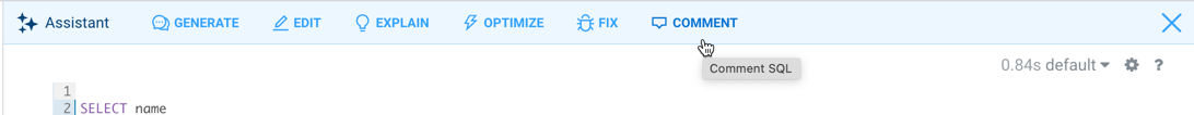Screenshot showing how to use the SQL AI Assistant in Data Explorer to generate a comment for a SQL query.