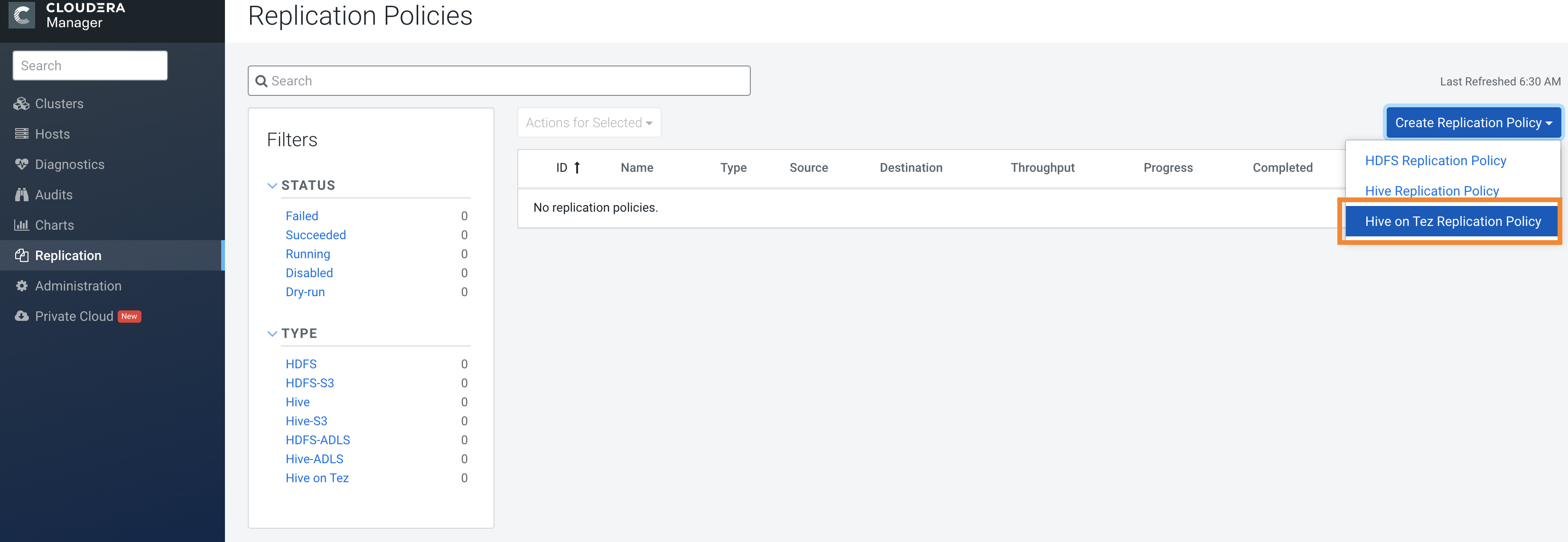 The image shows the Hive ACID Table Replication Policy option on the  Replication Policies page in Cloudera Manager.