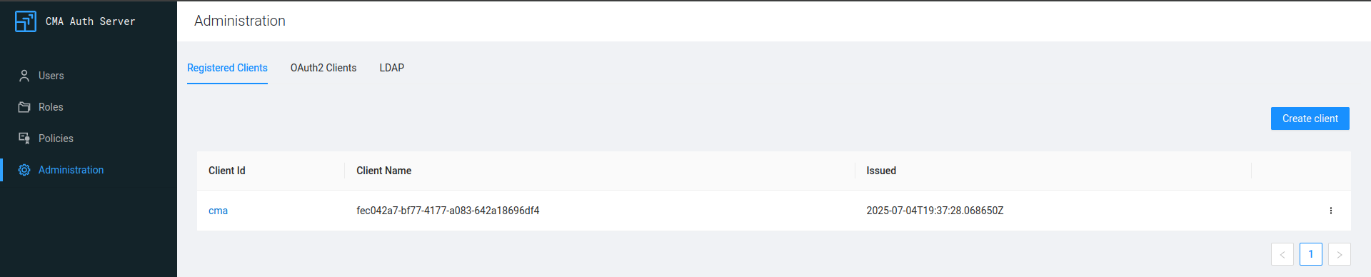 Cloudera Migration Assistant Auth Server Clients tab