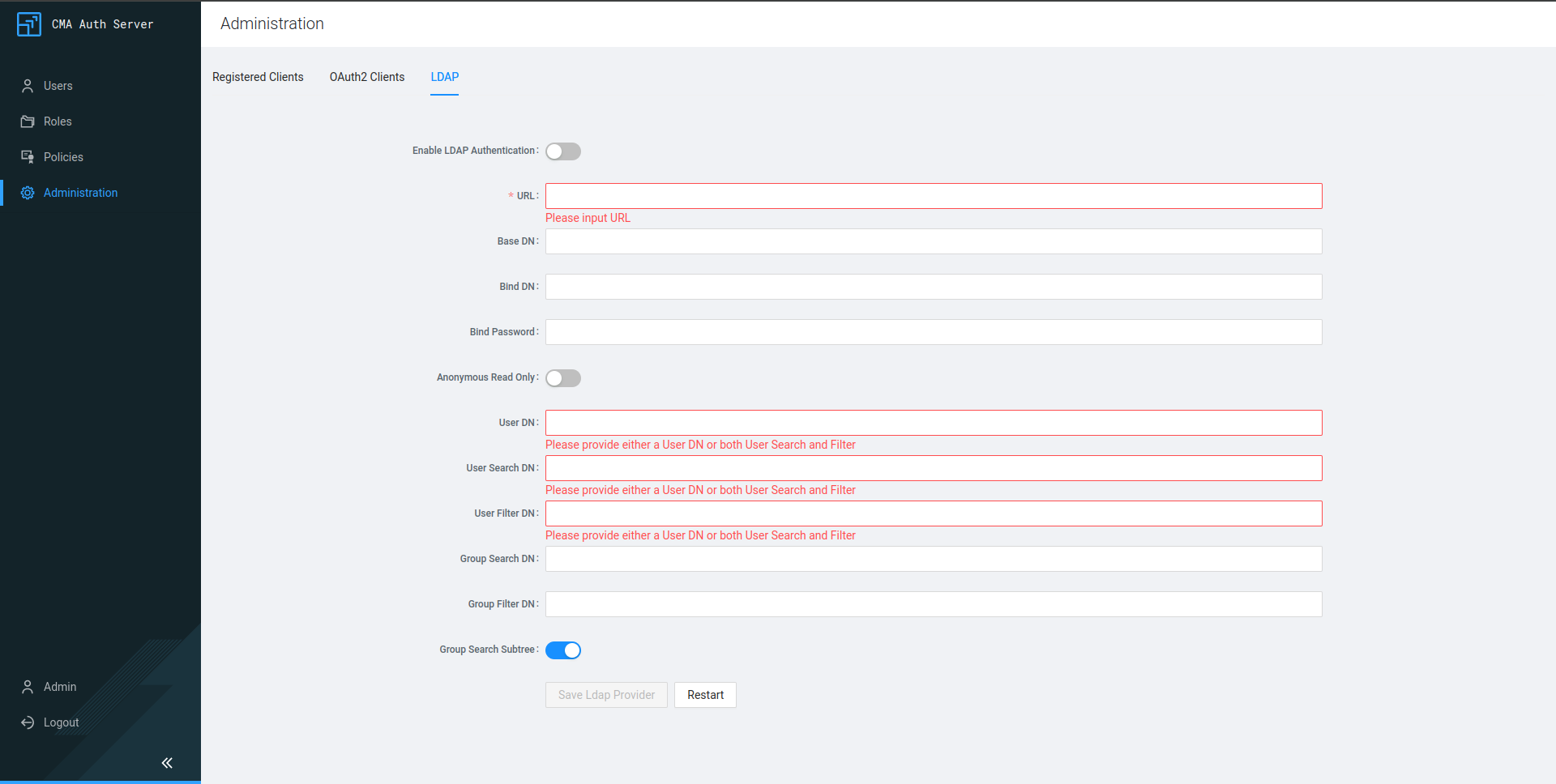 Cloudera Migration Assistant Auth Server LDAP tab