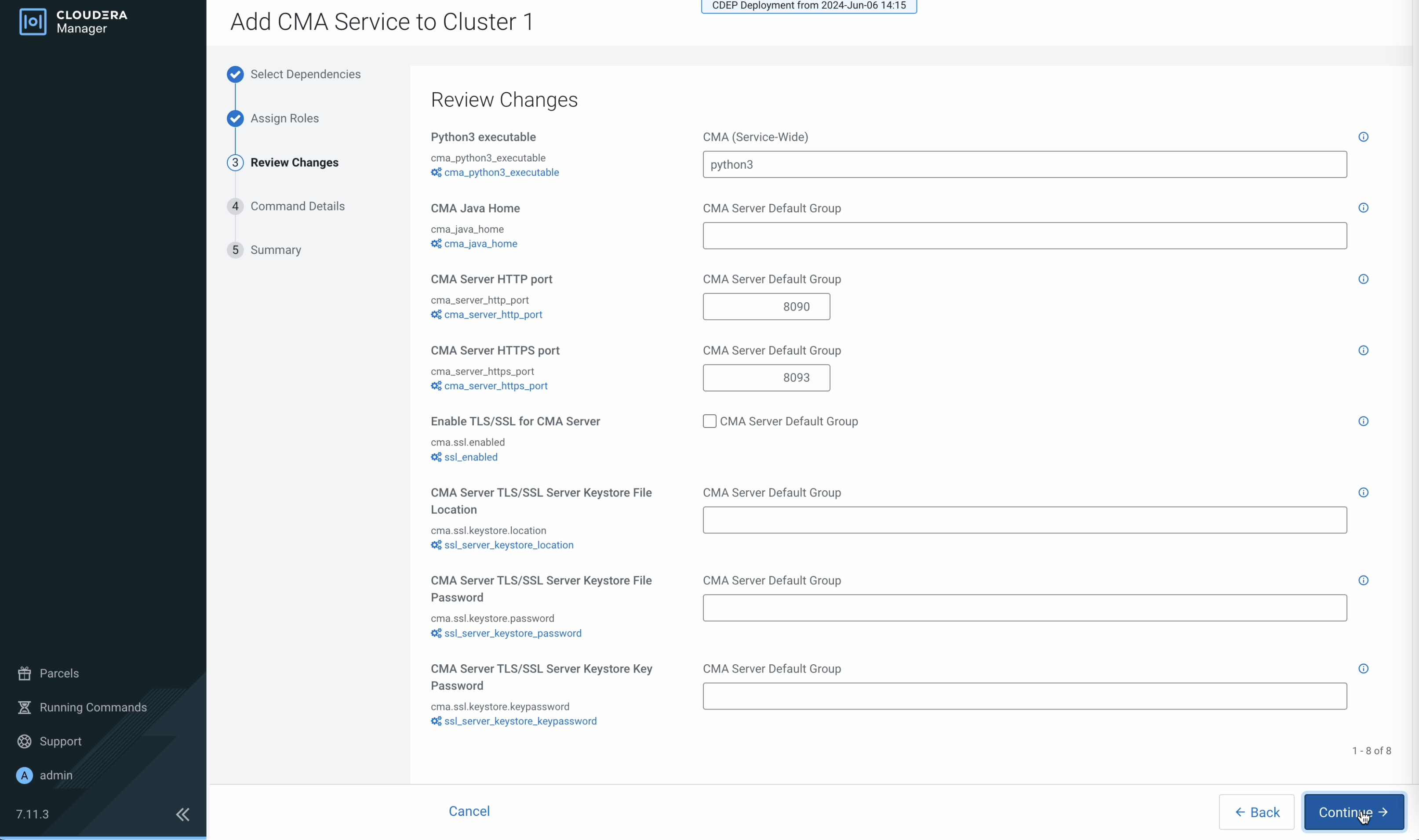 Cloudera Manager Add Service wizard showing Cloudera Migration Assistant service types