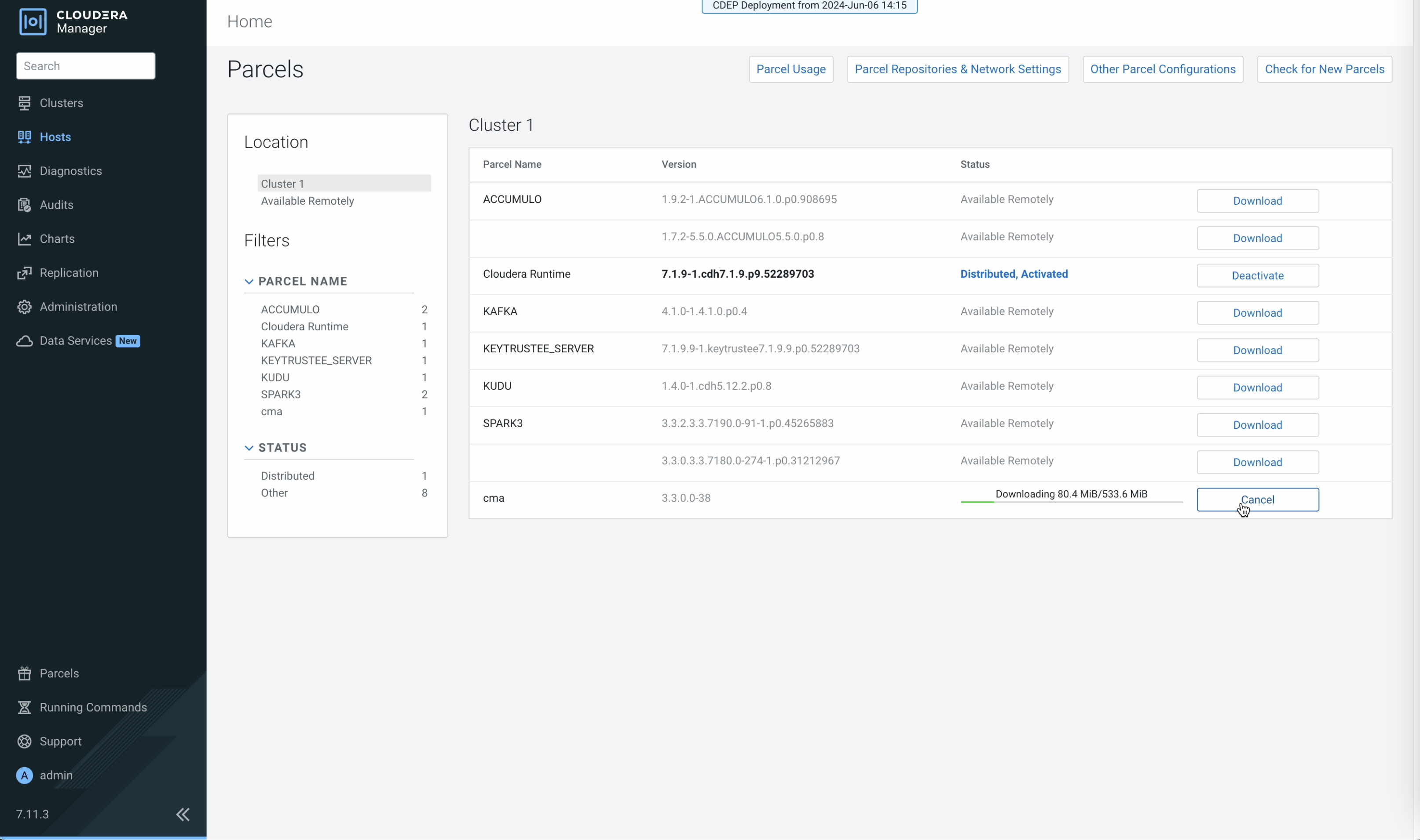 Cloudera Manager Parcels page showing Cloudera Migration Assistant parcel distribution
