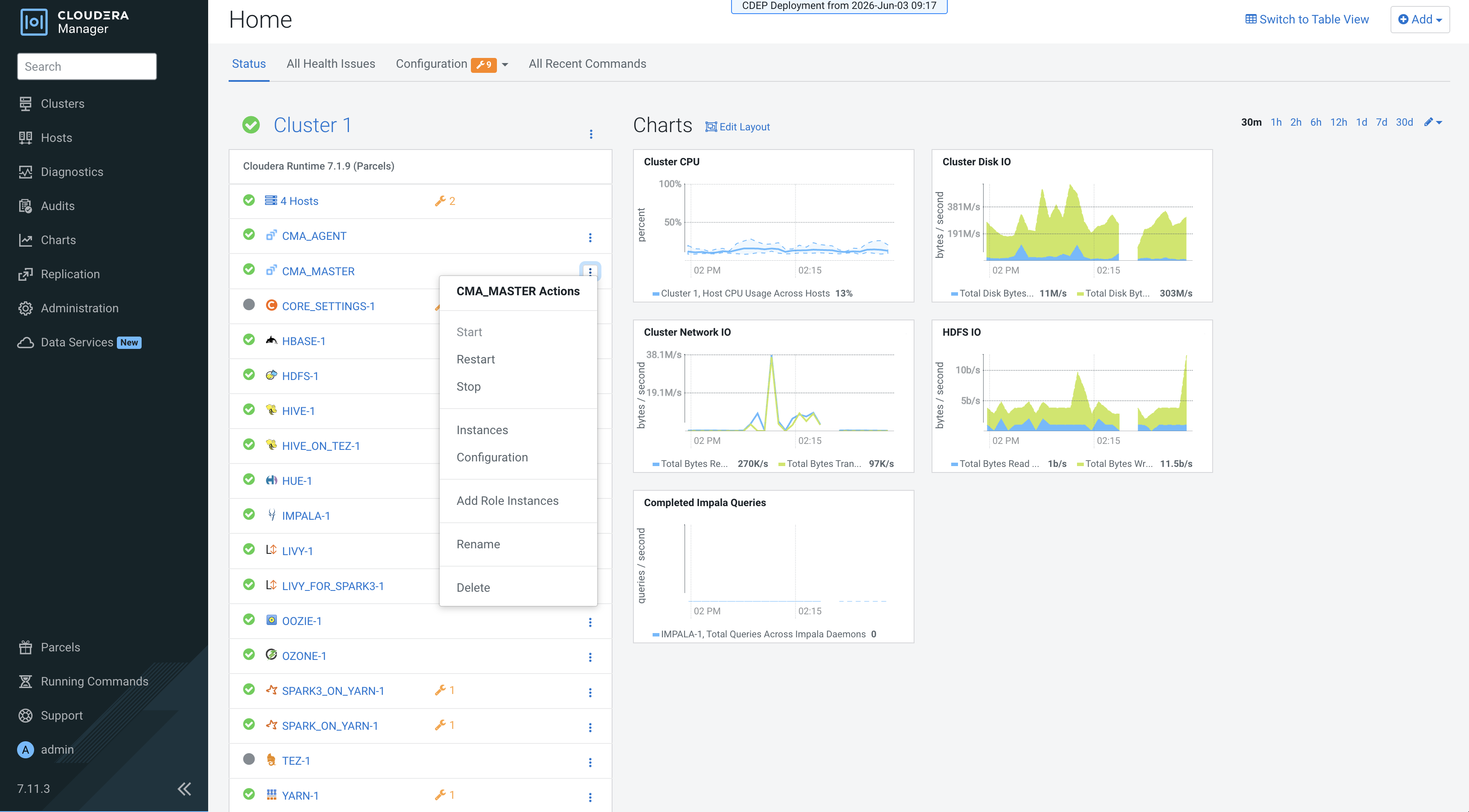 Cloudera Manager showing Cloudera Migration Assistant agent service first run completed