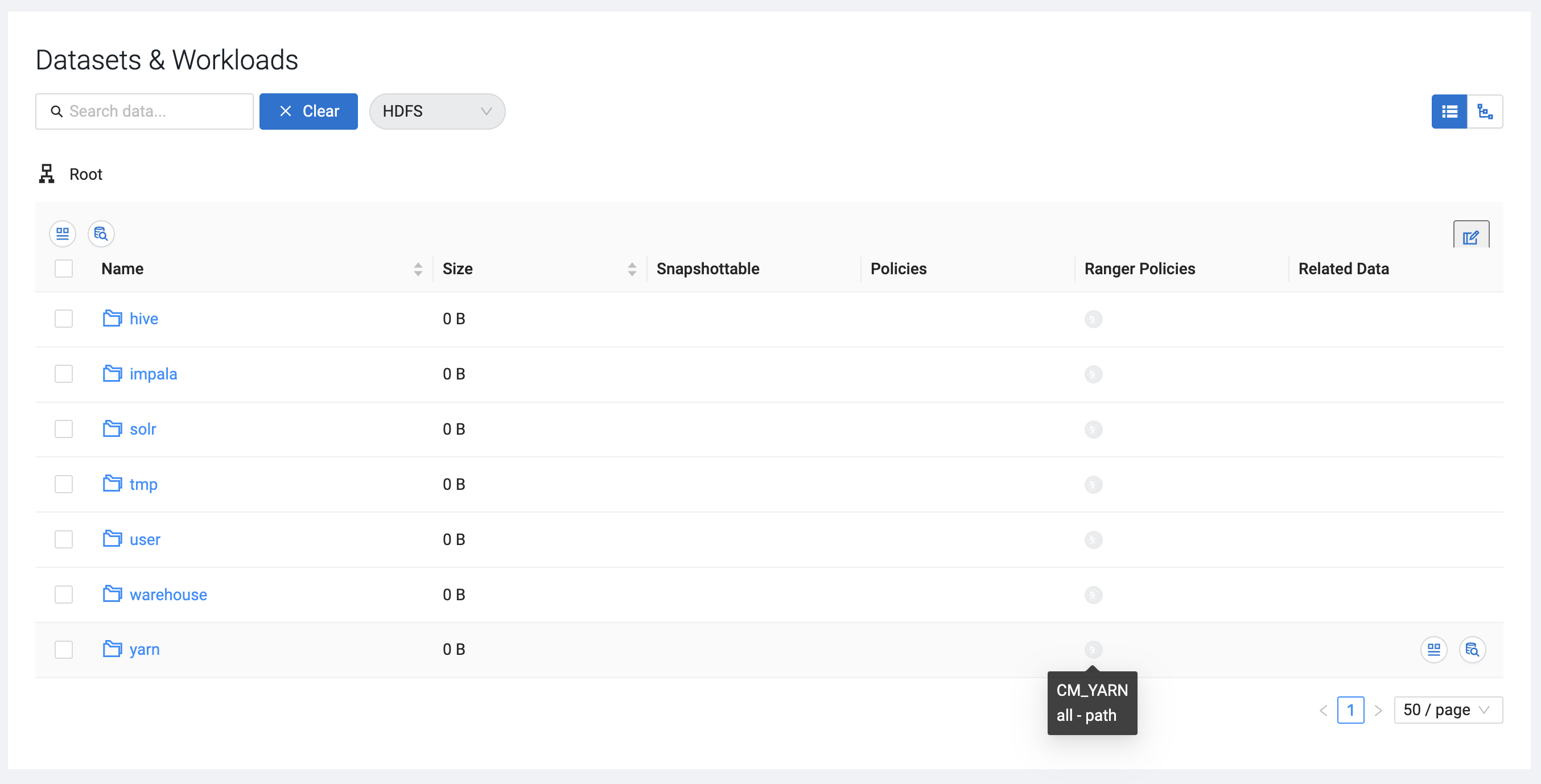 Filesystem row showing Ranger policy indicator