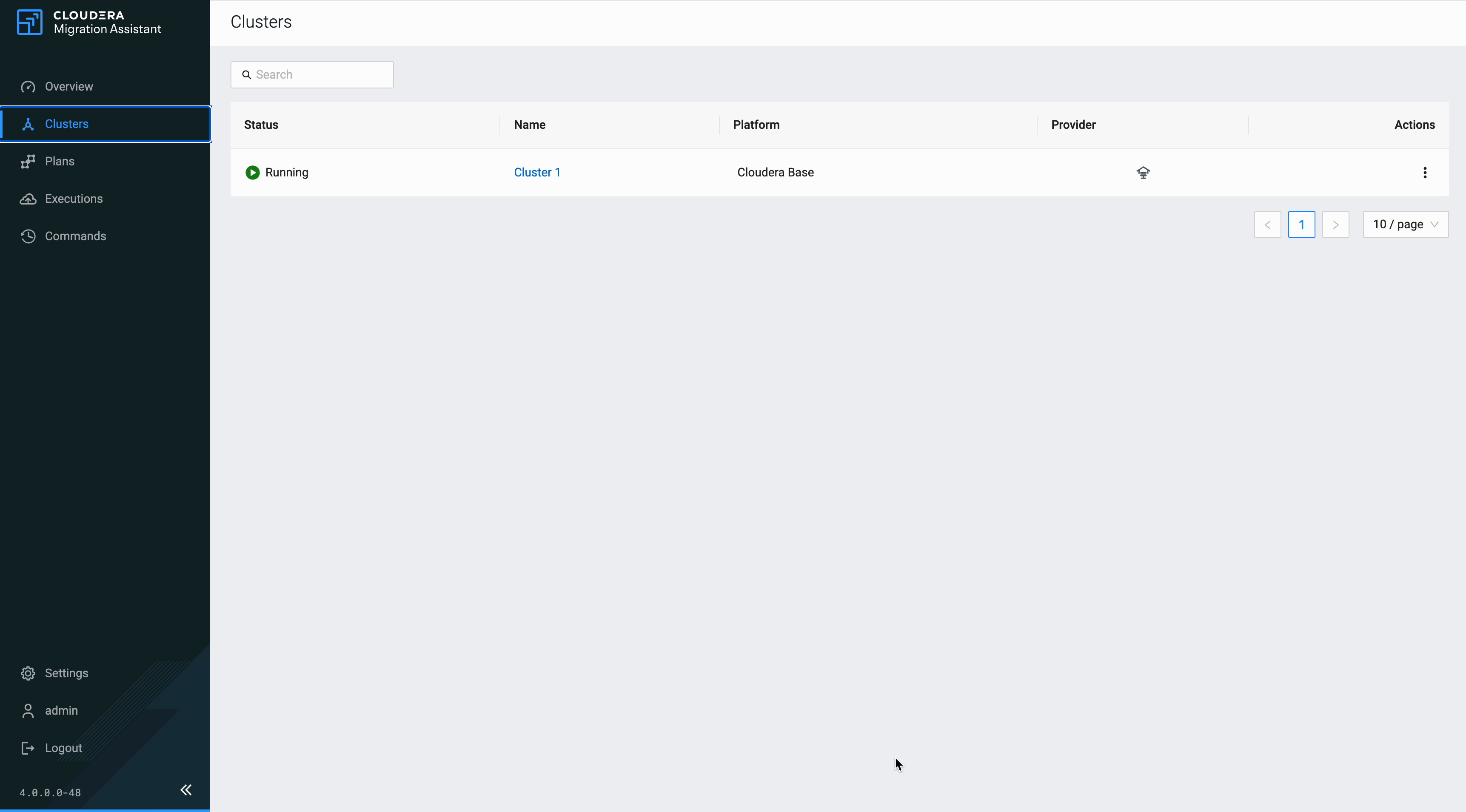 Cloudera Migration Assistant Clusters page