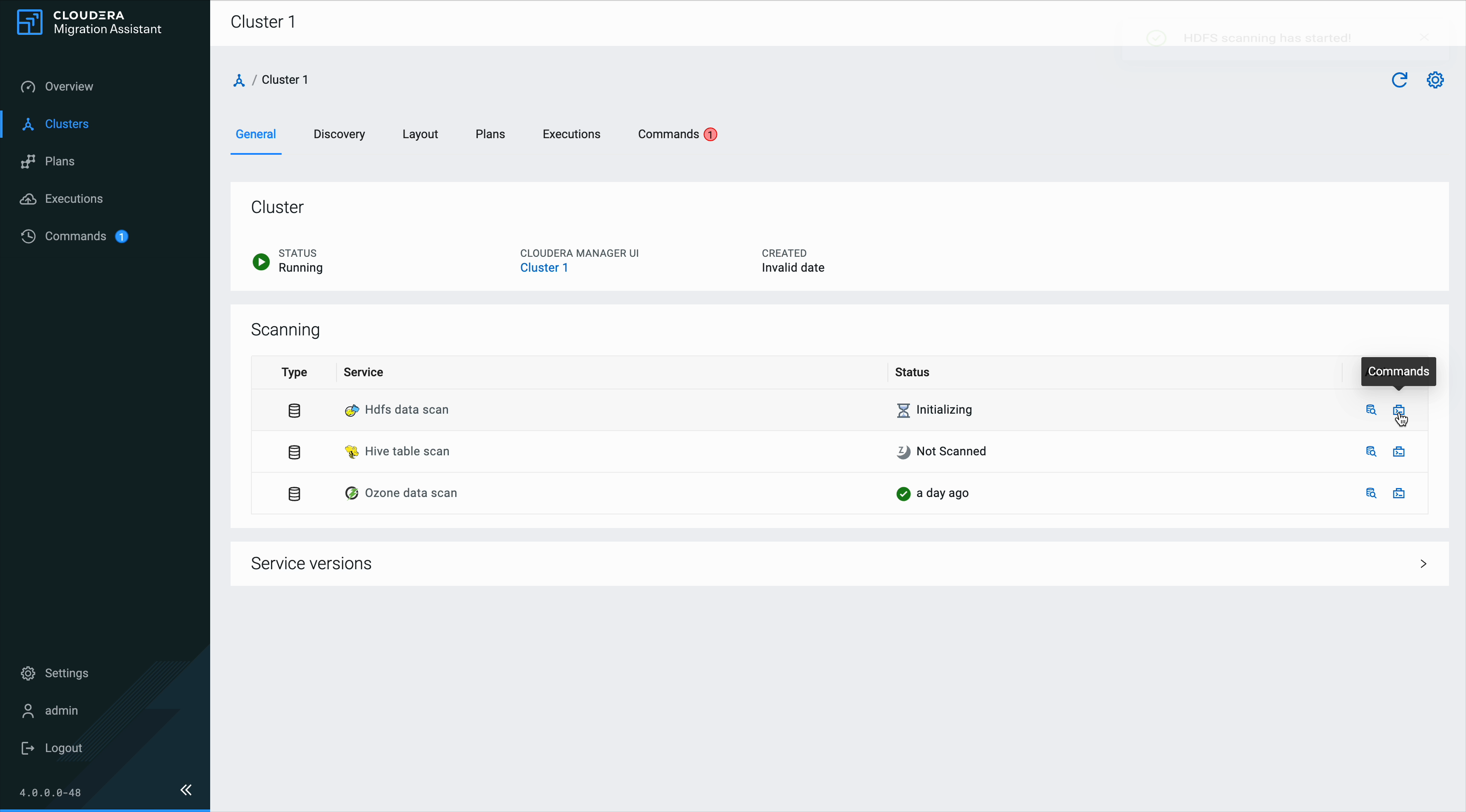 Cloudera Migration Assistant scan in progress