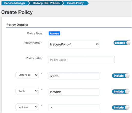 Ranger > Create HadoopSQL Policy page.