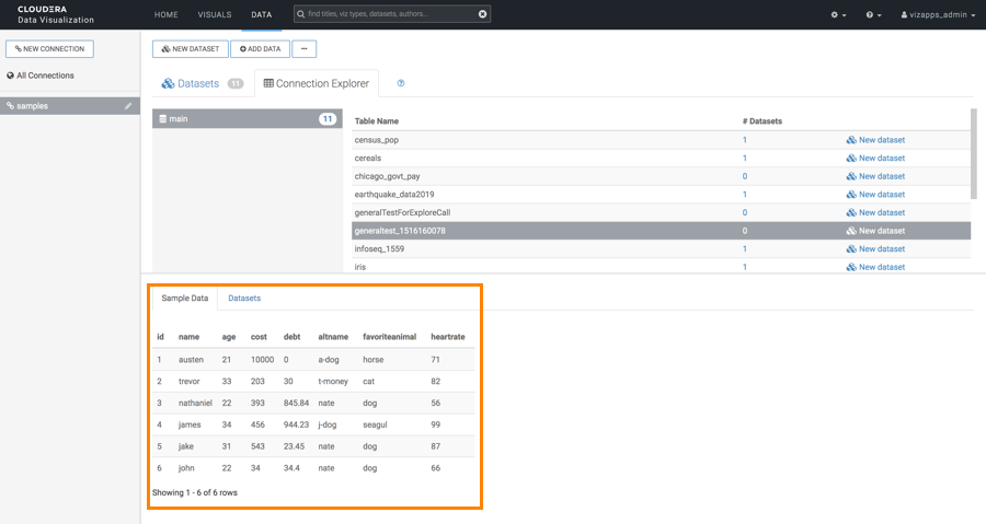 Previewing Data Tables in the Connection Explorer