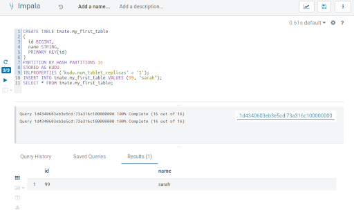 This screenshot shows the query results of the create table command in Hue.