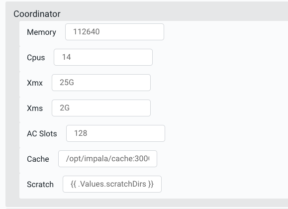Image showing the Coordinator section on the Environment Details page, where you can specify the memory, CPUs, initial and maximum memory allocation pool for JVMs, AC slots, cache, and scratch space that should be allocated to the Impala coordinator process.