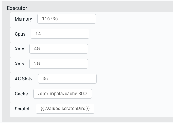 Image showing the Executor section on the Environment Details page, where you can specify the memory, CPUs, initial and maximum memory allocation pool for JVMs, AC slots, cache, and scratch space that should be allocated to the Impala executor process.