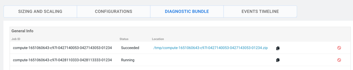 Image showing the DIAGNOSTIC BUNDLE tab from which you can download the logs and see the status of the job for generating the diagnostic bundle.