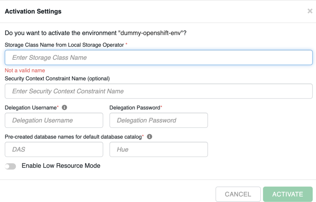 This is a screenshot of the CDW Activation Settings page showing the Delegation Username and Delegation Passowrd fields.