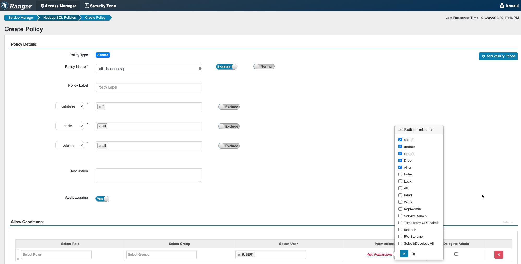 Image showing how to add a new Hadoop SQL policy on the Ranger UI .