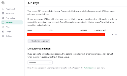 Screenshot of the OpenAI service portal showing how to obtain the API keys.