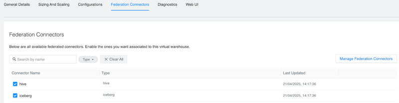 Image of Trino federation connectors associated with a virtual warehouse